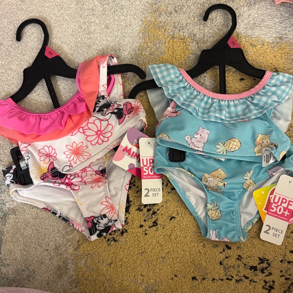 NEW Disney Minnie Mouse Care Bears 2 sets bikini swimsuit. Bulk lot 18 months